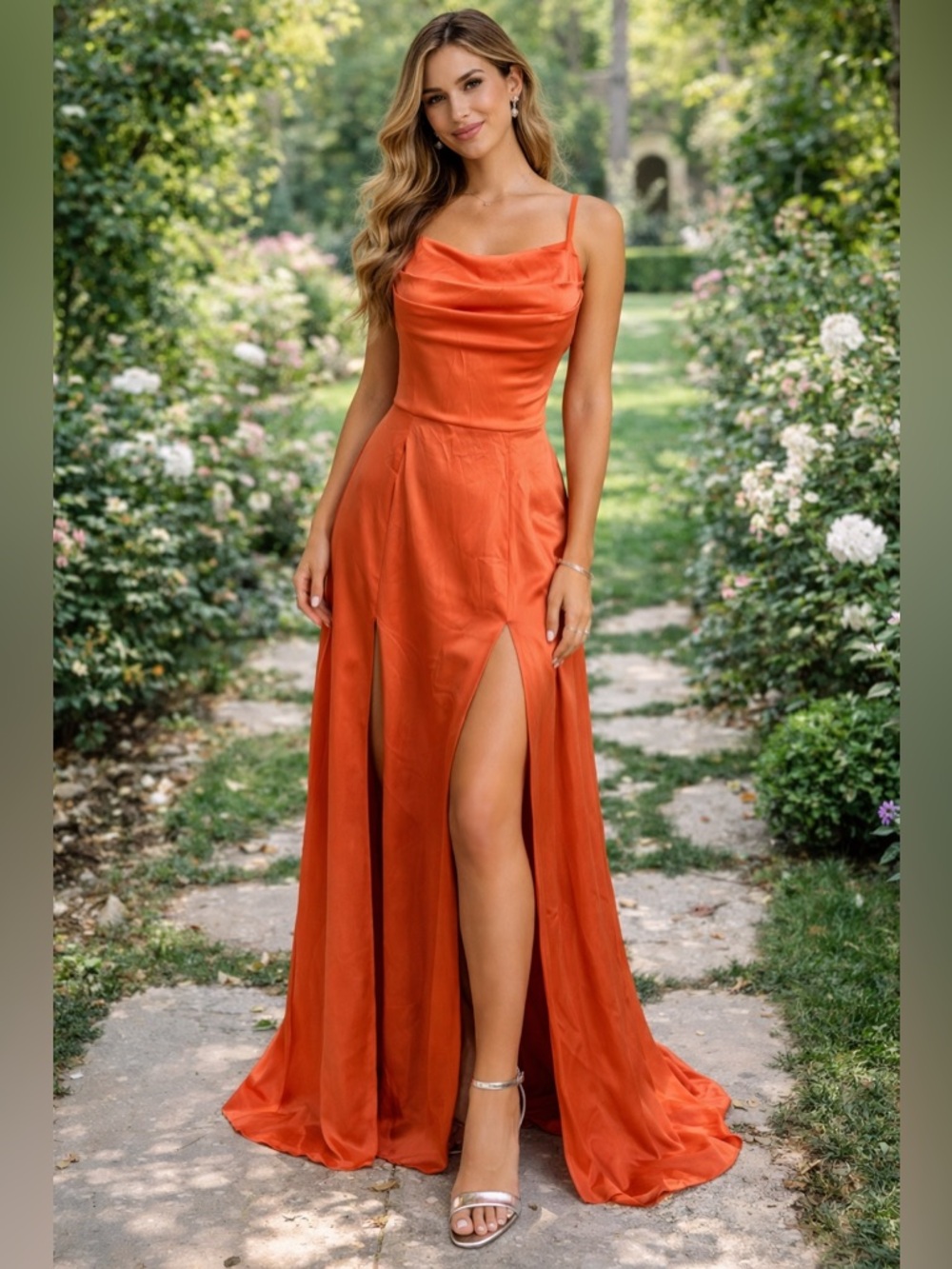 Elegant Orange Satin Cowl Neck Evening Dress  NWT SIZE 8 slits on both sides